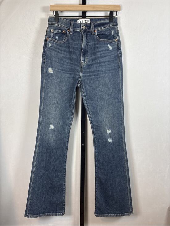 DAZE Denim - DAZE Denim High Rise Flare Jeans Womens 27 Dark Wash Hug Distressed Stretch Y2K